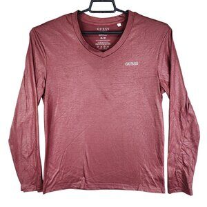 Mens Burgundy Guess Shirt Long Sleeve V-Neck Polyester Size M